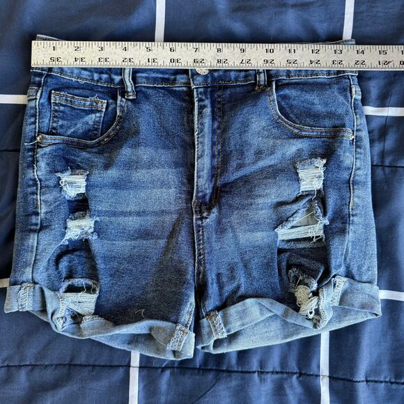 Distressed Cuffed Denim Shorts Medium Wash Stretch Size L - Picture 3 of 6
